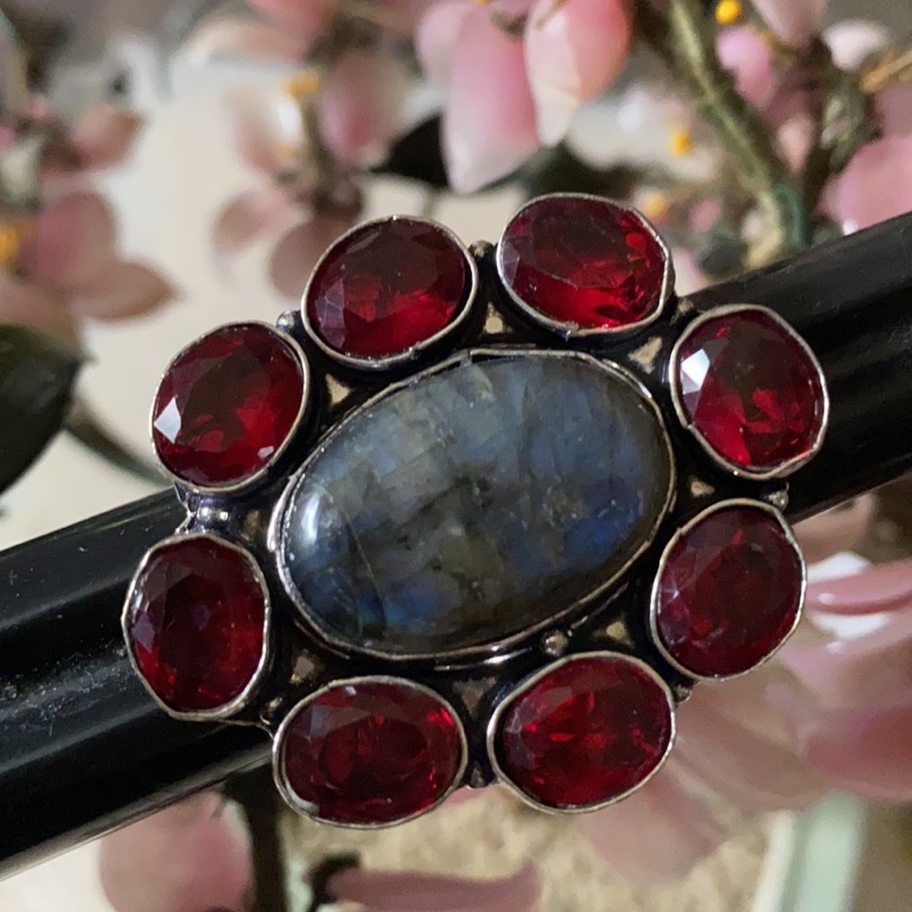 Vintage 925 labradorite garnet ring - Picture 7 of 7